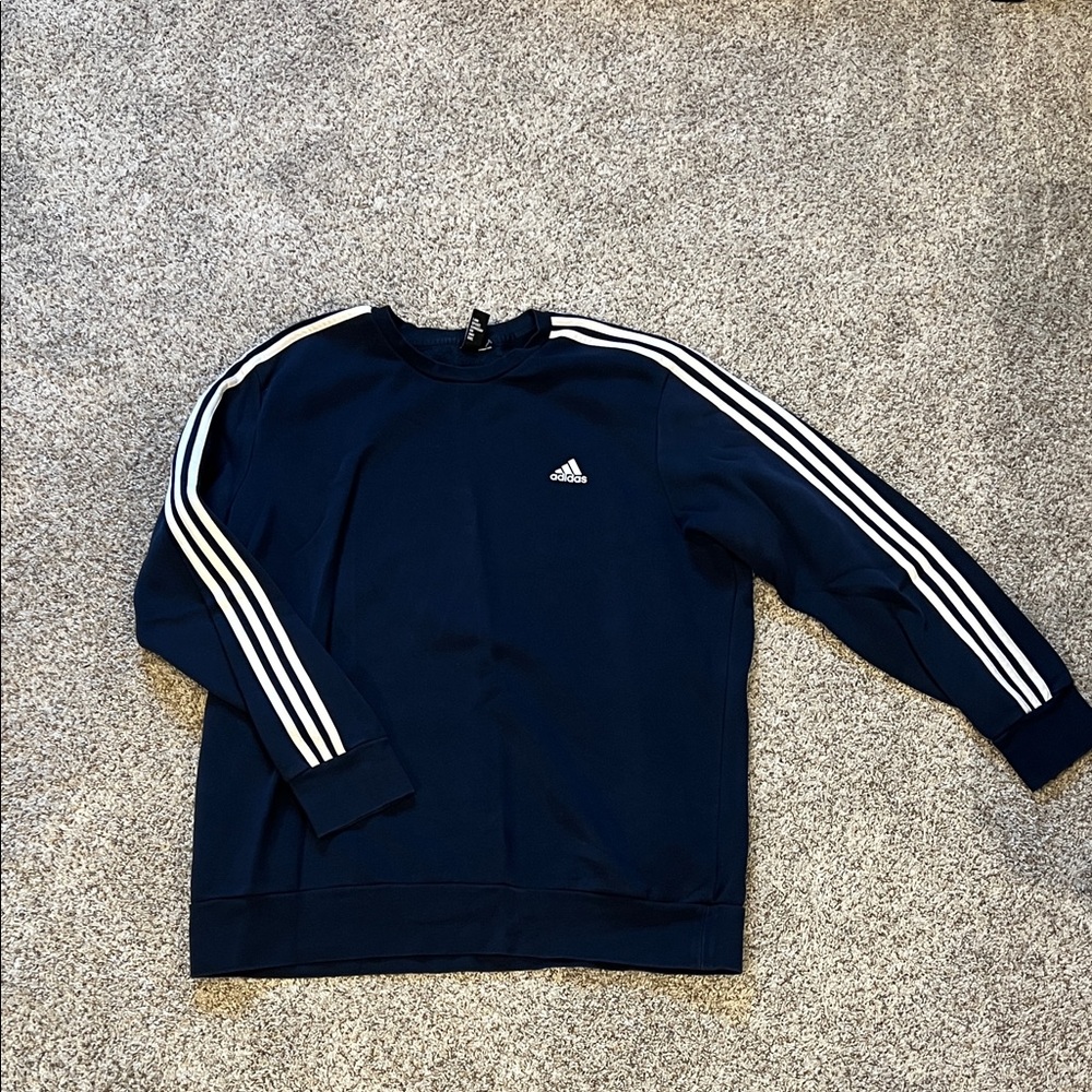 Adidas Men's Dark Blue Crewneck Sweater with White Stripes